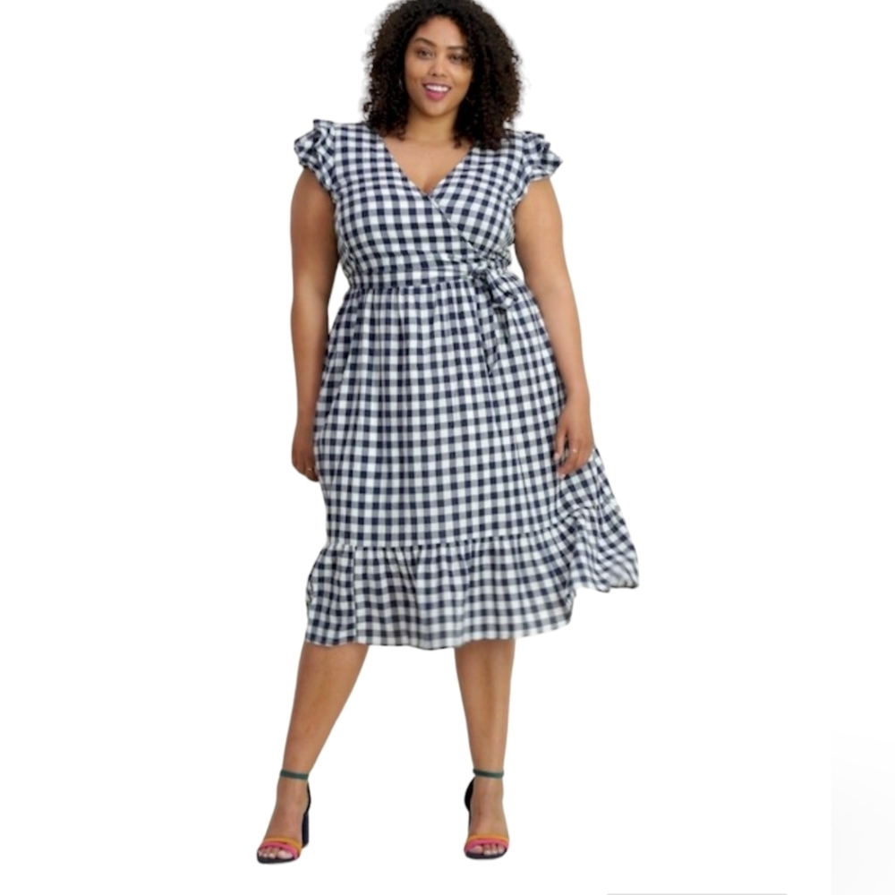 Old Navy Women's Gingam Cottagecore Summer Beach faux Wrap Midi‎ Dress Size XL